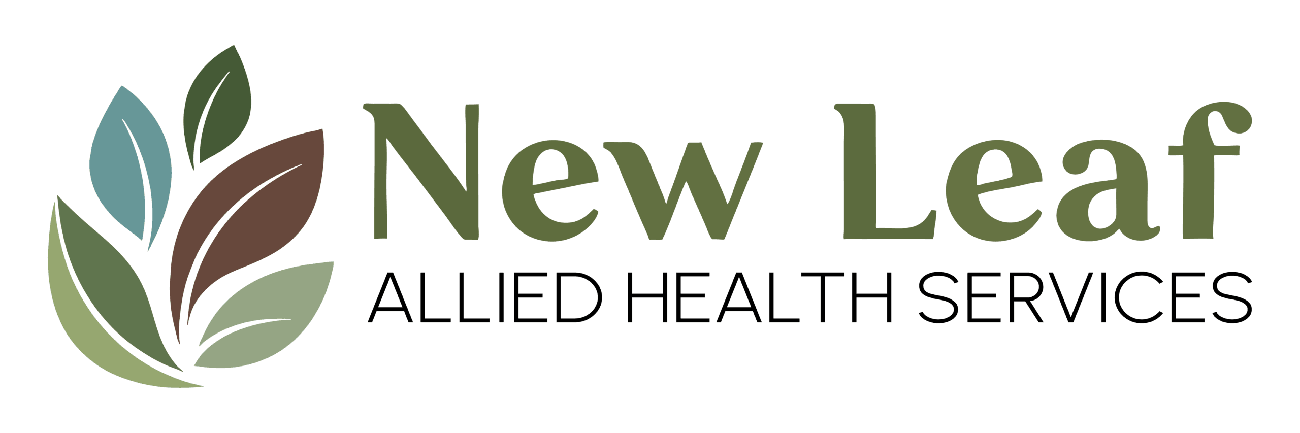 Logo for New Leaf Allied Health Services, featuring stylized overlapping leaves in green, brown, and teal on the left, with the business name in green and black text on the right.
